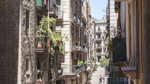 Una calle estrecha bordeada de edificios de varios pisos, balcones con plantas y algunos peatones.