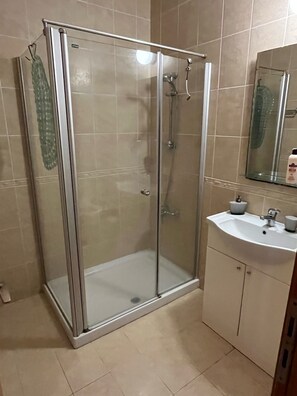 A glass-enclosed shower with a white sink and a mirror above it.