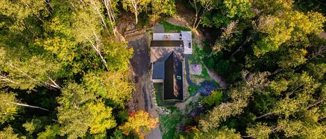 An aerial view of a house surrounded by dense forest, with a clear driveway leading to the entrance.