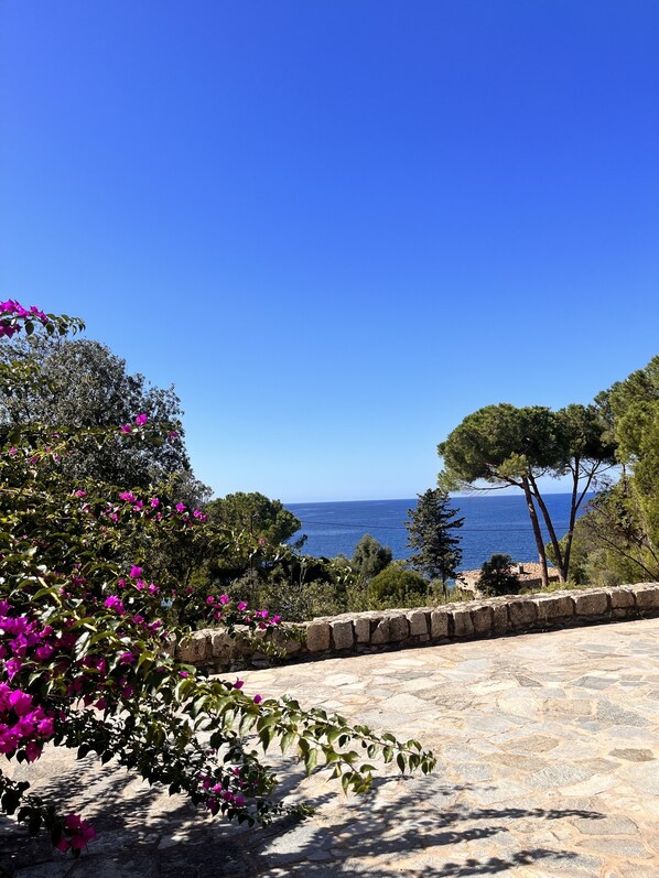 A stone pathway leading to a scenic overlook with a view of the sea and lush greenery.