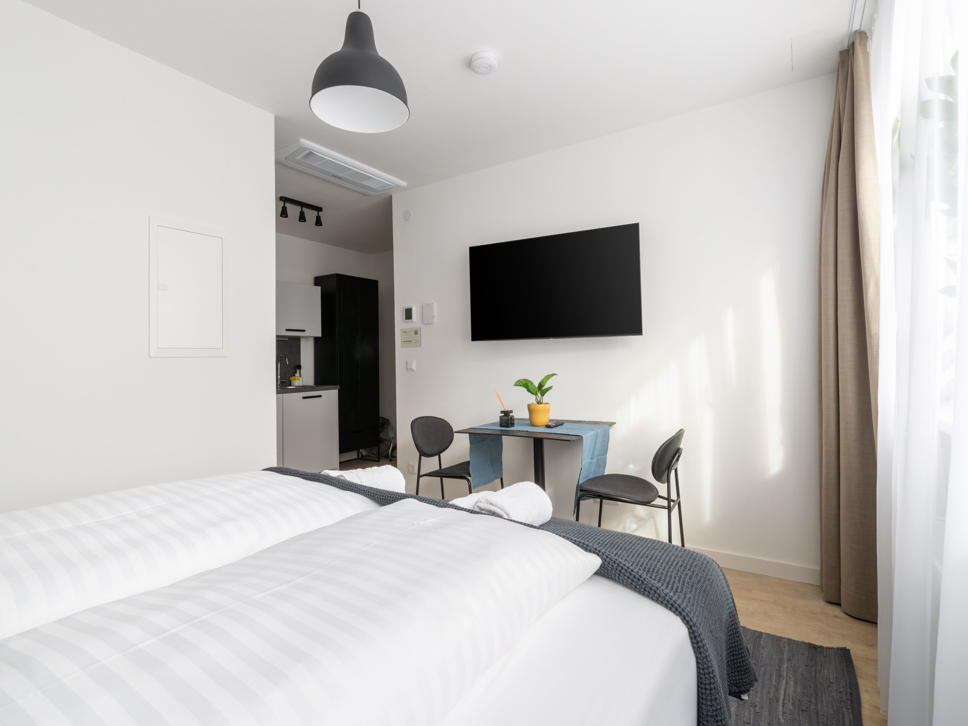 Een moderne hotelkamer met een groot bed, een bureau met stoel, een flatscreen televisie en een potplant.