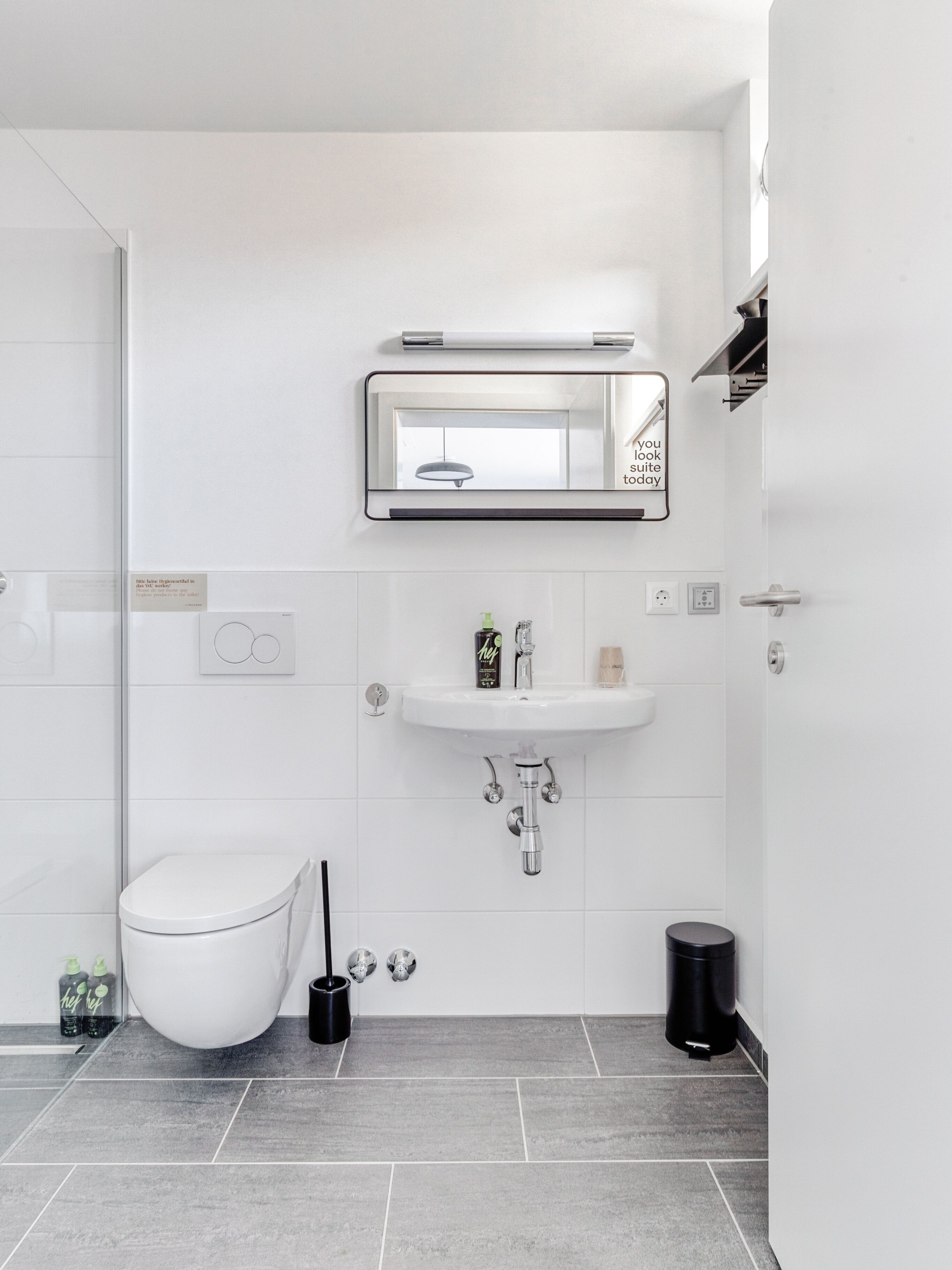 A modern bathroom with a toilet, sink, and mirror.