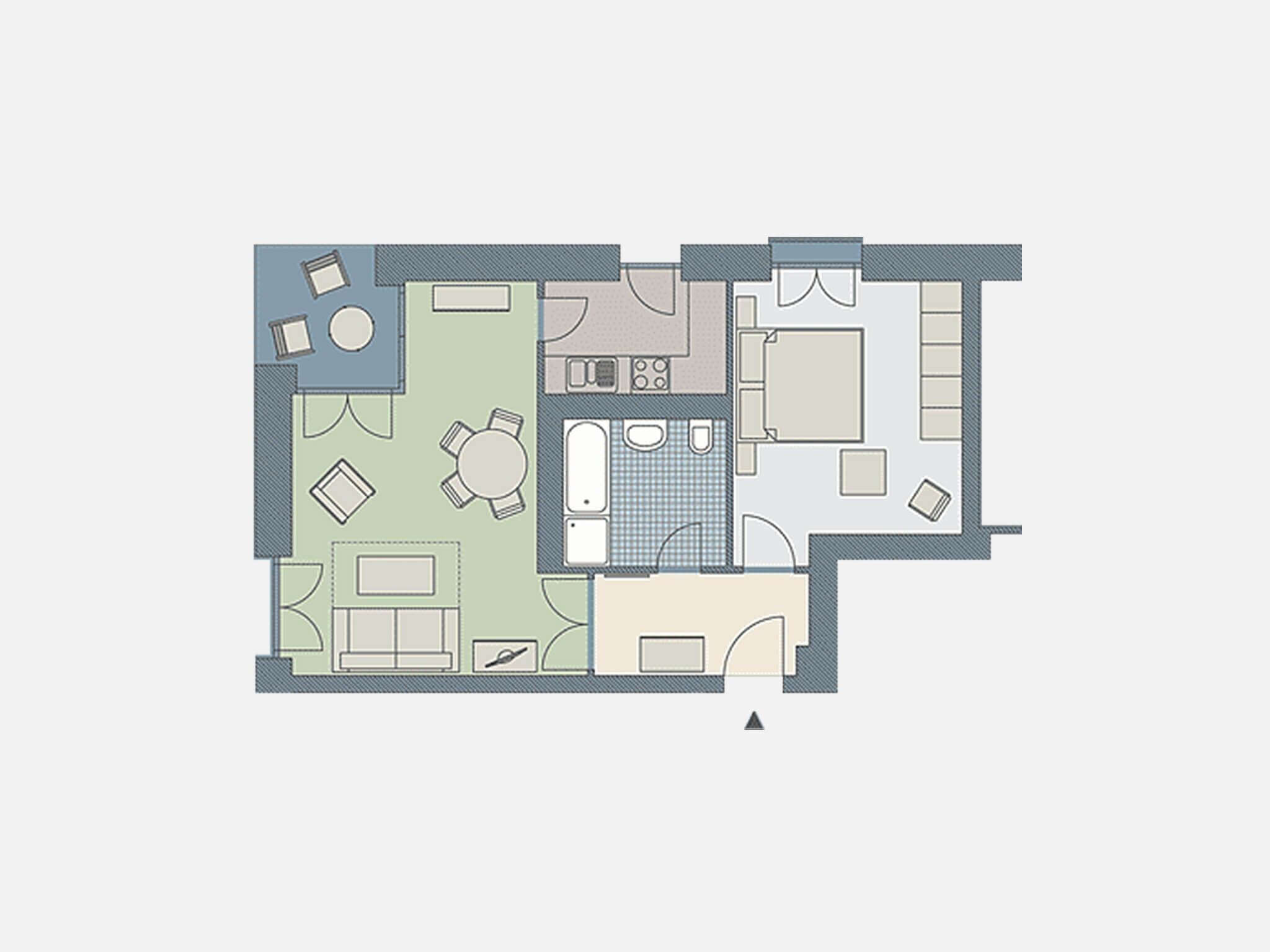 A floor plan of a hotel room with a living area, a kitchen, a bathroom, and a small balcony.