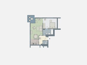 Un plano de planta que muestra una sala de estar, comedor, cocina, dos dormitorios y un baño.