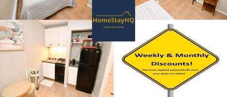 Cozy apartment with a kitchenette, dining area, and living space, featuring a bed, dining table, and flat-screen TV.