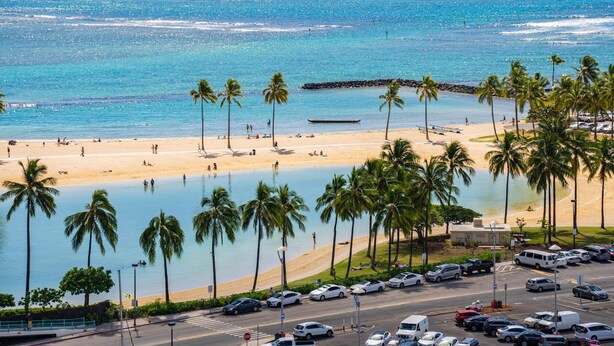 Blick auf einen Strand mit Palmen, einem Parkplatz und einer Straße, die zum Strand führt.