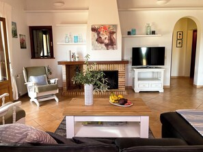 Smart TV, caminetto, libri