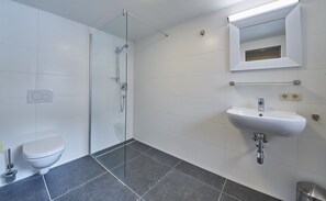 Dusche, Haartrockner, Handtücher, Toilettenpapier