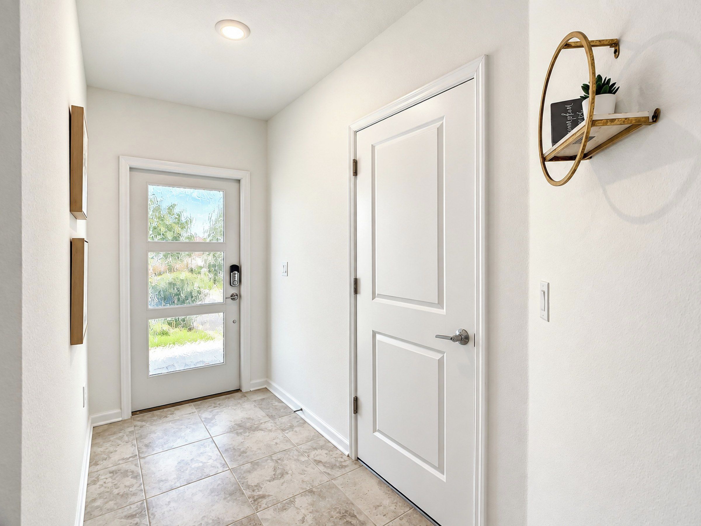 A hallway with a double door, a window, and a wall-mounted shelf with a plant.