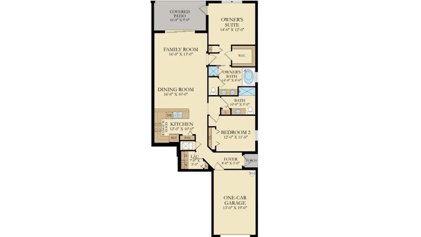 A floor plan of a house with a covered patio, owner's suite, family room, dining room, kitchen, two bedrooms, foyer, porch, and a one-car garage.