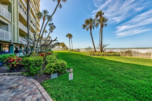A well-maintained grassy area with palm trees, a brick pathway, and a view of the ocean.