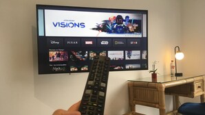 A hand holding a remote control in front of a television displaying the Disney+ app with various content options. - Domaine des Bois Argentés (Pruniers-en-Sologne)