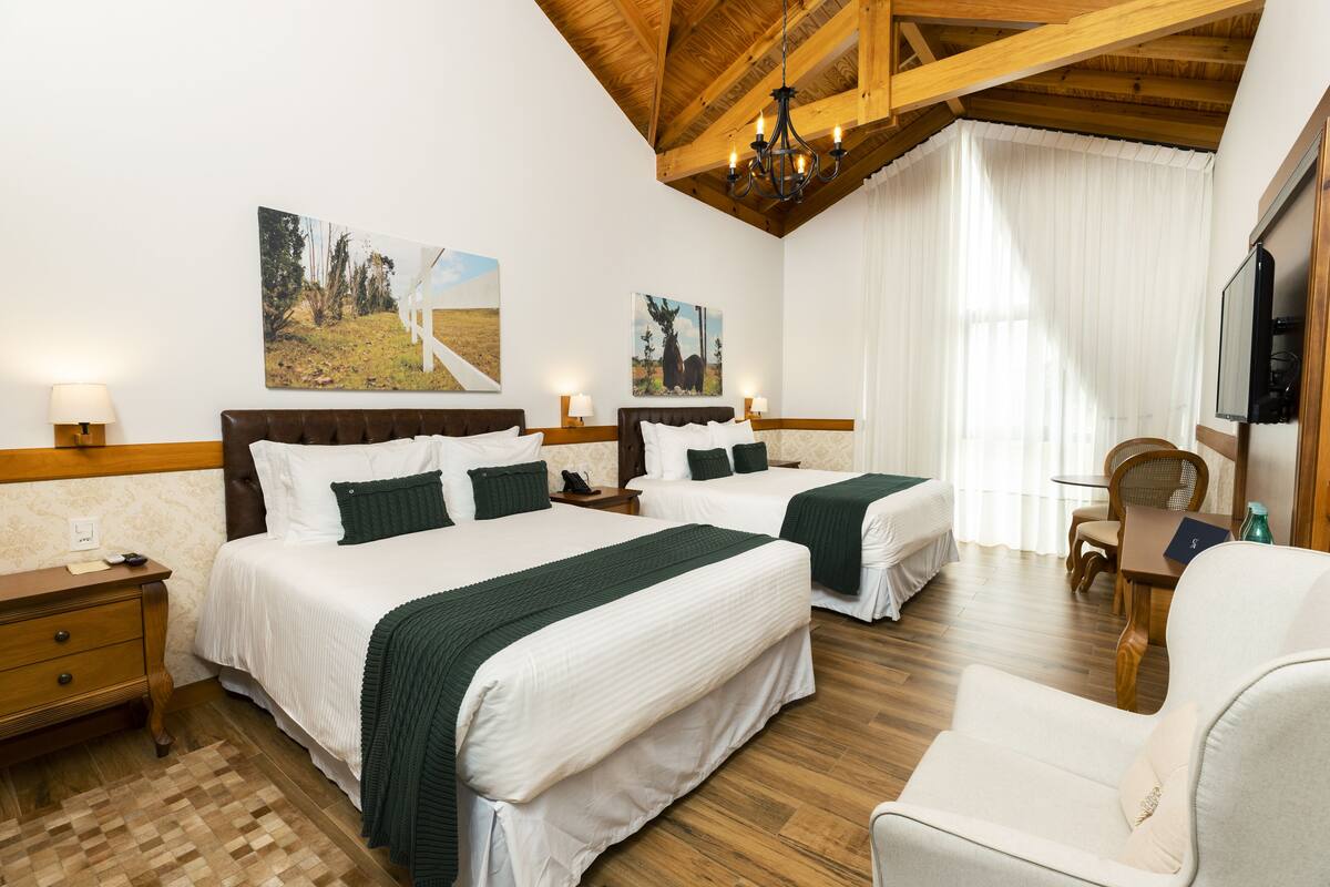 A hotel room with two beds, a wooden ceiling, a chandelier, a TV, and artwork on the walls.