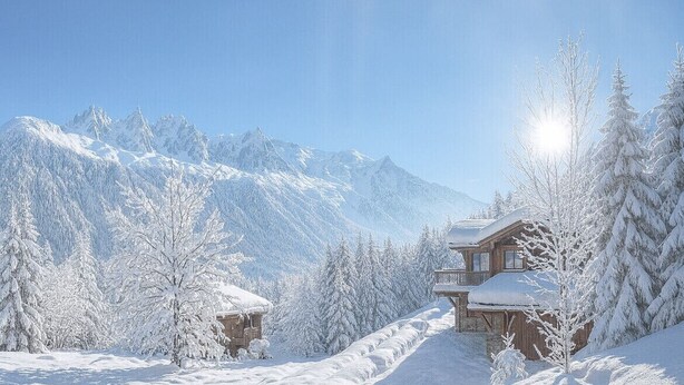 A snow-covered mountain landscape with a wooden chalet and a ski slope.