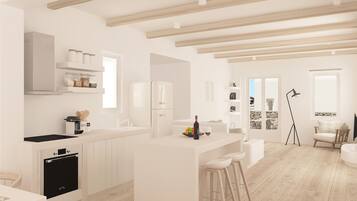 Fridge, microwave, oven, dishwasher