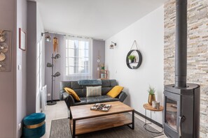 Televisie, een open haard en een dvd-speler