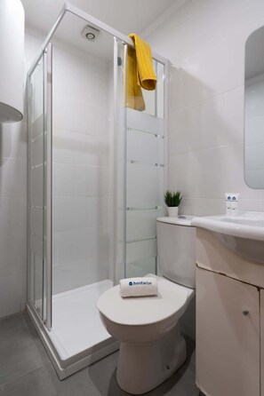 Ducha, secador de pelo, toallas, shampoo