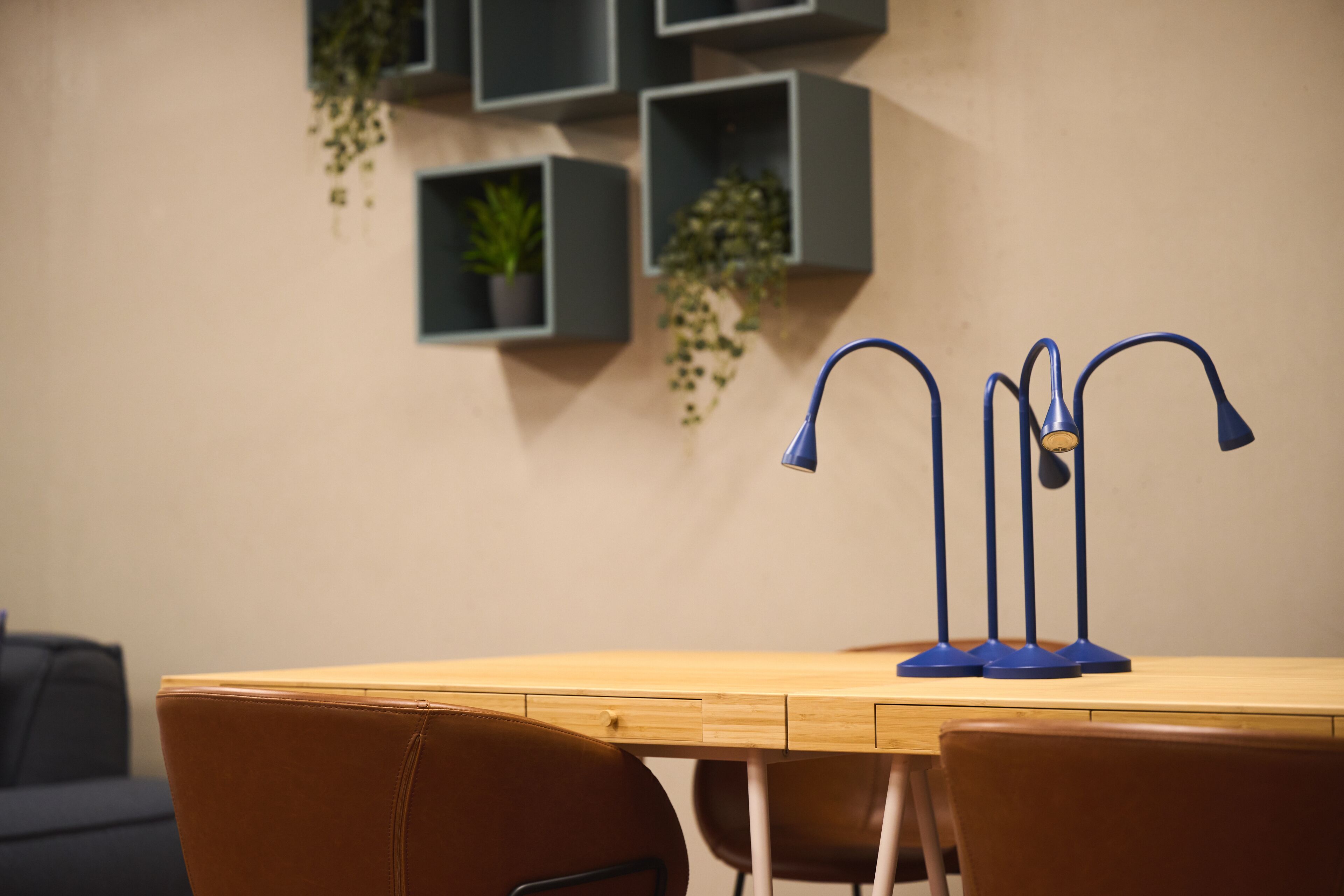 Una mesa de madera con una lámpara de escritorio azul, dos sillas y una pared con estanterías grises que sostienen plantas.