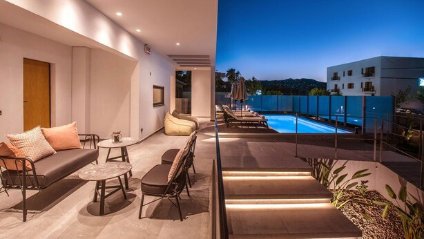 A modern outdoor lounge area with a pool, seating, and a staircase leading to an upper level. - Villa Amo With Private Pool (Malevizi)
