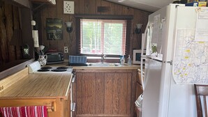 A compact kitchen with wooden cabinets, a built-in stove, a sink, and a refrigerator. - Cozy cabin on Island Lake (Winter)