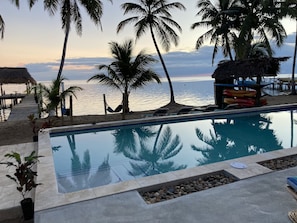A poolside area with a view of the sea, palm trees, and a thatched-roof structure.