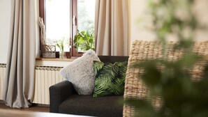 Un salón acogedor con un sofá gris oscuro, un almohadón blanco y esponjoso, y un almohadón con estampado de hojas verdes. Una cesta de mimbre está en el alféizar de la ventana, y se ve una planta en maceta a través de la ventana.