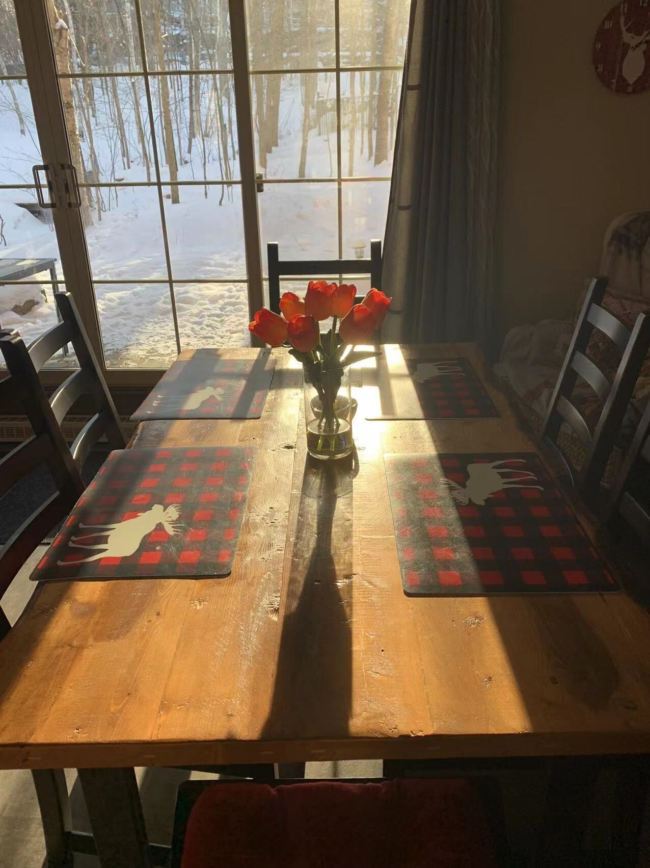 Ein Holztisch mit einer Rosenvase, zwei Untersetzern mit Karomuster und Blick auf eine verschneite Landschaft durch ein Fenster.