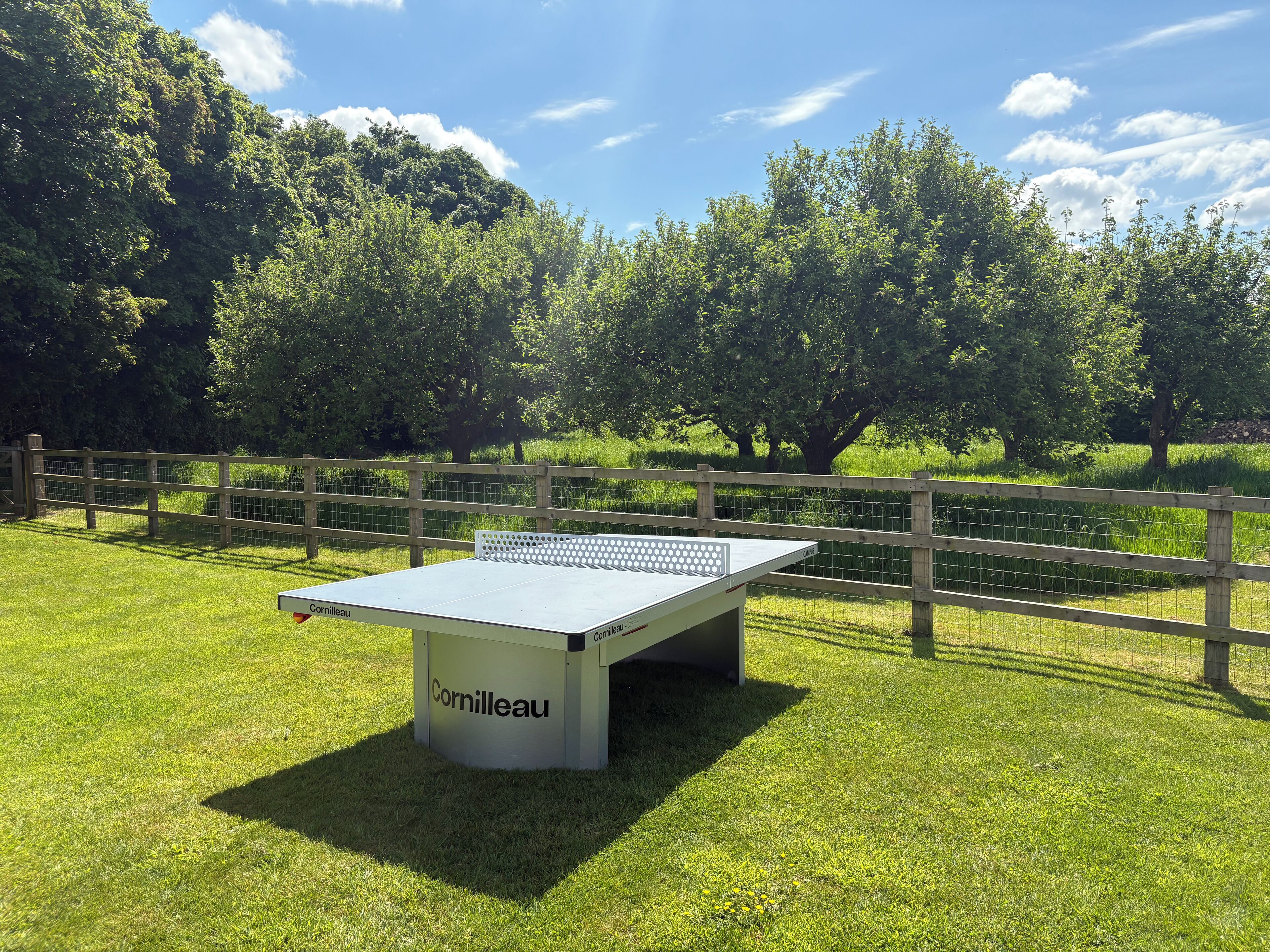 A table tennis table labeled "Cornilleau" in a grassy outdoor area with a wooden fence and trees in the background.