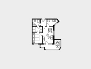 A floor plan with a living area, kitchen, dining area, and two bedrooms. - Apartment with 1 bedroom and balcony (Ostseebad Binz)