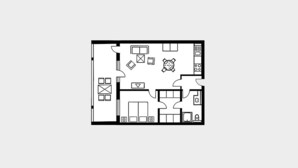 Planta baixa mostrando uma sala de estar, sala de jantar, cozinha e dois quartos.