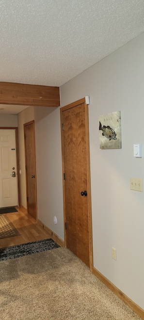 A hallway with wooden doors, a carpeted floor, and a wall-mounted light switch.