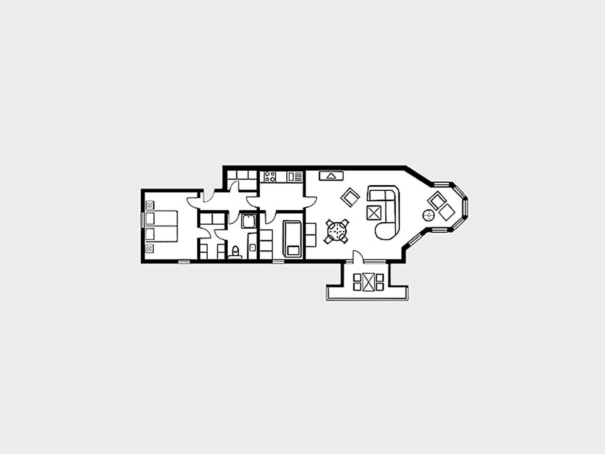 A floor plan with a kitchen, dining area, living room, and two bedrooms.