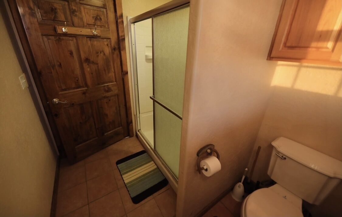 A bathroom with a wooden door, a toilet, and a shower area.