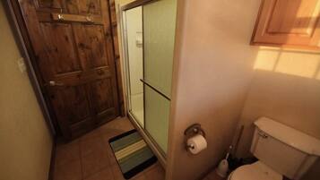 A bathroom with a wooden door, a toilet, and a shower area.