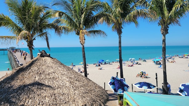 A beach with palm trees, a thatched-roof structure, and beach umbrellas.