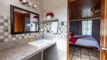 Une salle de bain avec un grand miroir, un lavabo et un espace douche.