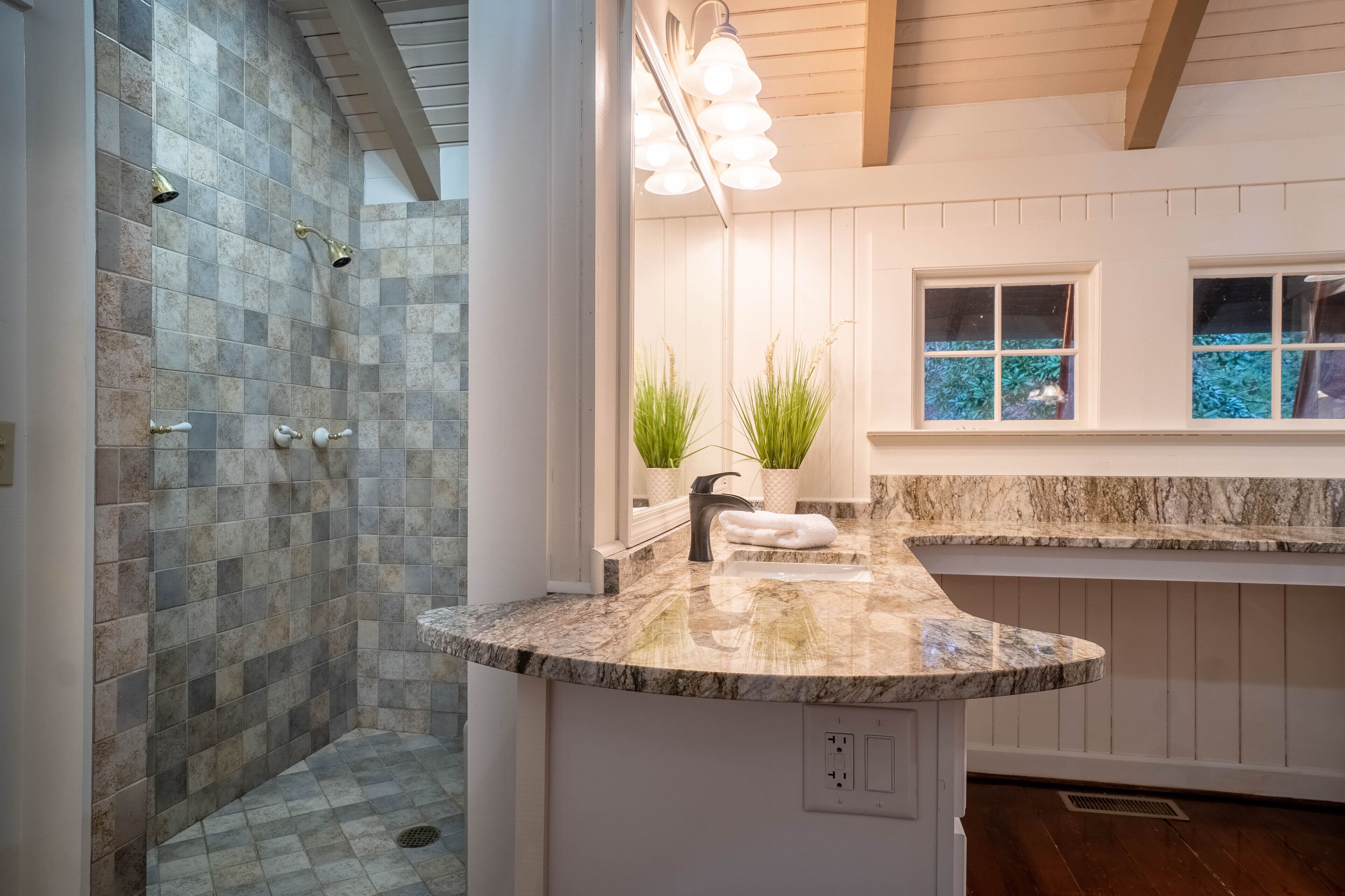 A modern bathroom with a shower area, a marble countertop, and potted plants.