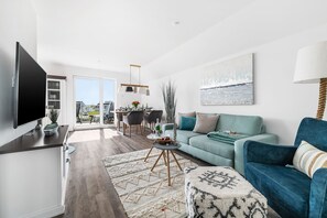 Smart TV, fireplace, video games, DVD player