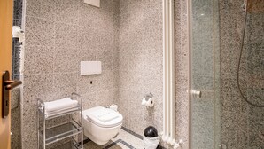 Et badeværelse med toilet, hårtørrer, bøjlestang til håndklæder og en bruseniche.