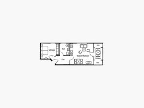 A hotel layout with a bathroom, bedroom, kitchen, living area, and balcony.