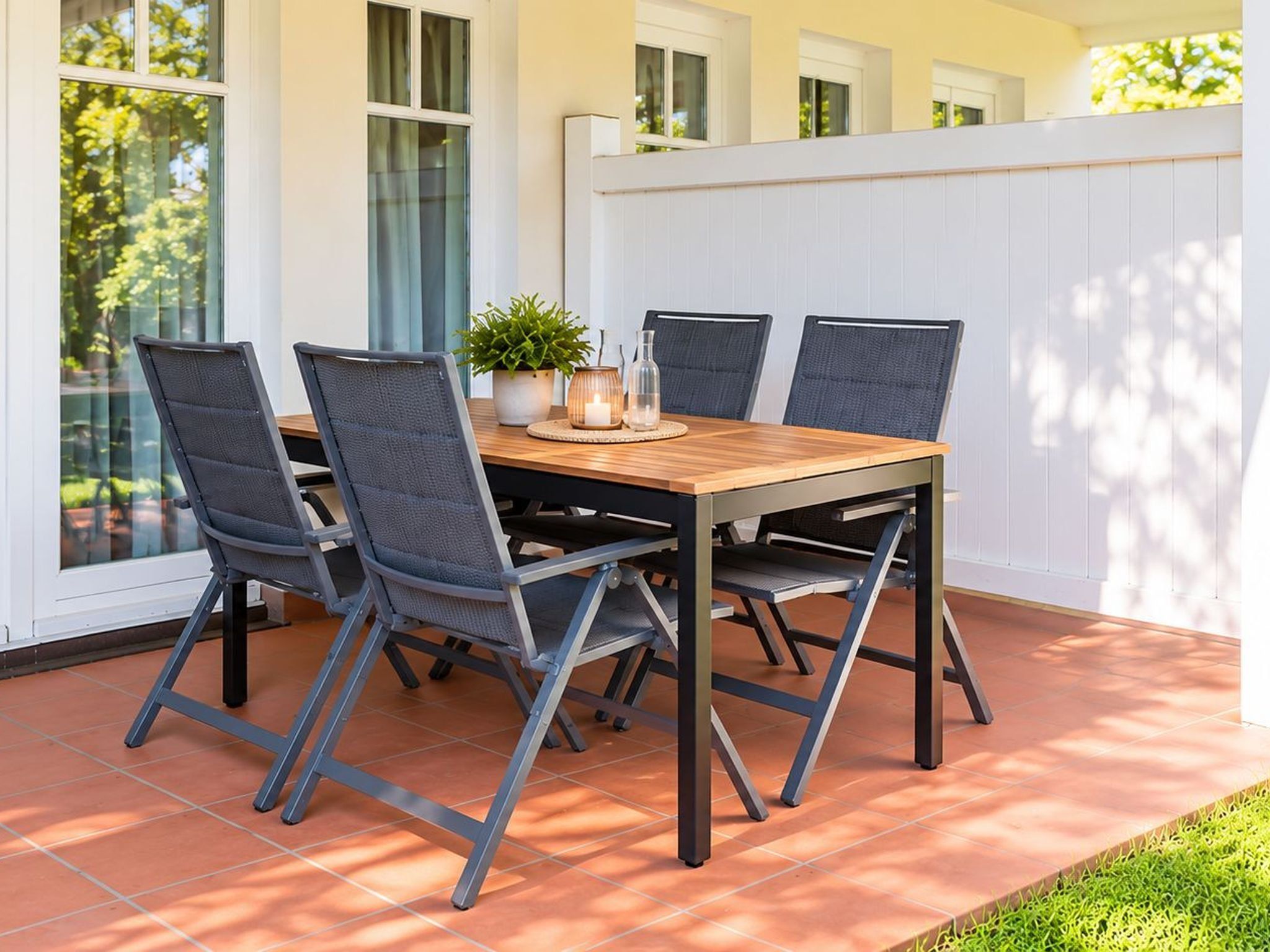 A patio with a wooden table and four chairs, a potted plant, and a candle on the table.
