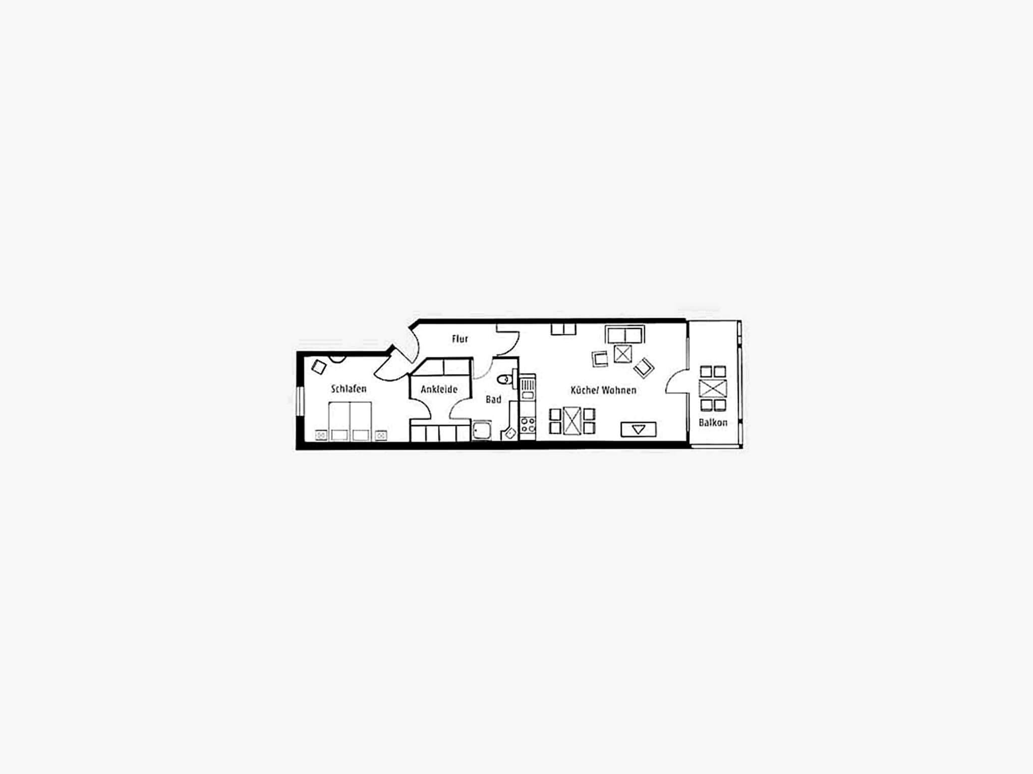 A floor plan with a living room, dining area, kitchen, bathroom, and balcony.