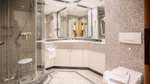 A modern bathroom with a glass shower enclosure, a toilet, and a sink with a mirror above it. - Comfort apartment with 1 bedroom and balcony on the top floor (Ostseebad Binz)