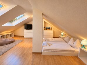 Une chambre avec un plafond en pente, un lit, une télévision, une commode et un puits de lumière.