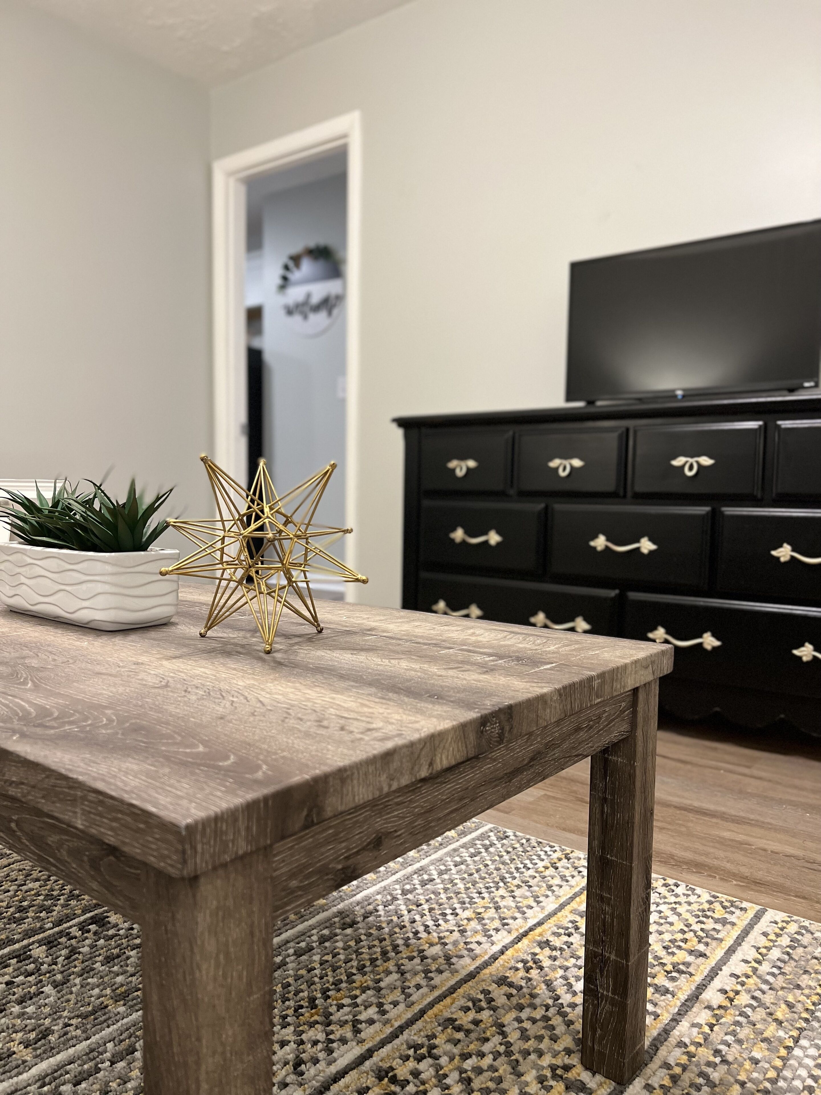 A wooden table with a geometric gold ornament and a potted plant. A black dresser with drawers and a television is in the background.