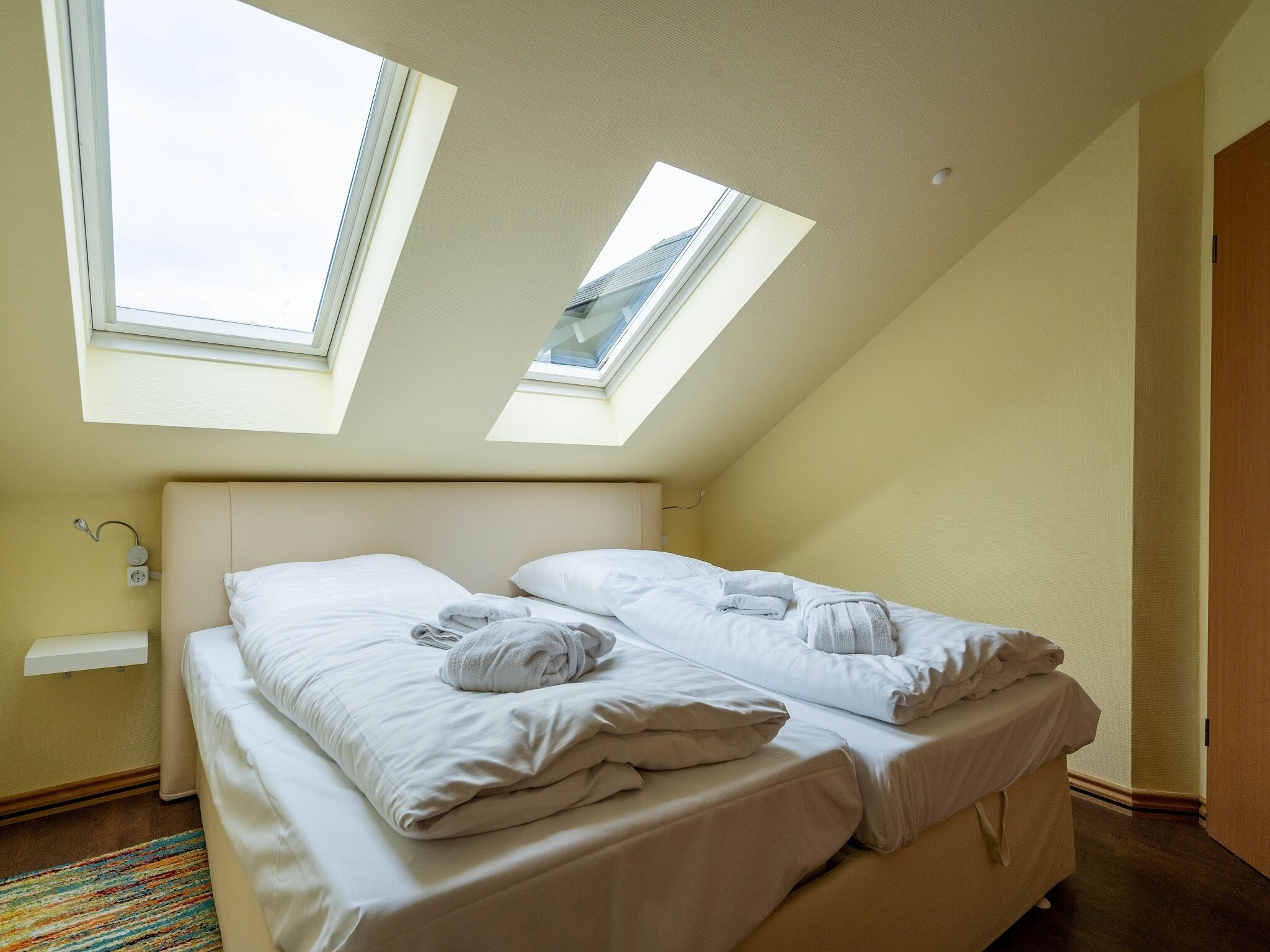 A bedroom with two beds, skylights, a small shelf, and a colorful rug.