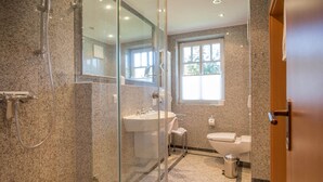 A modern bathroom with a glass-enclosed shower, a sink, and a toilet. - Comfortplus vacation apartment with 1 bedroom and terrace on the first floor (Ostseebad Binz)