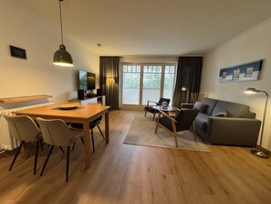 Televisio, DVD-soitin, pöytätennispöytä, stereot