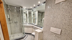 A modern bathroom with a glass-enclosed shower, a vanity with a mirror, and a toilet.