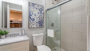 Combined shower/tub, hair dryer, towels